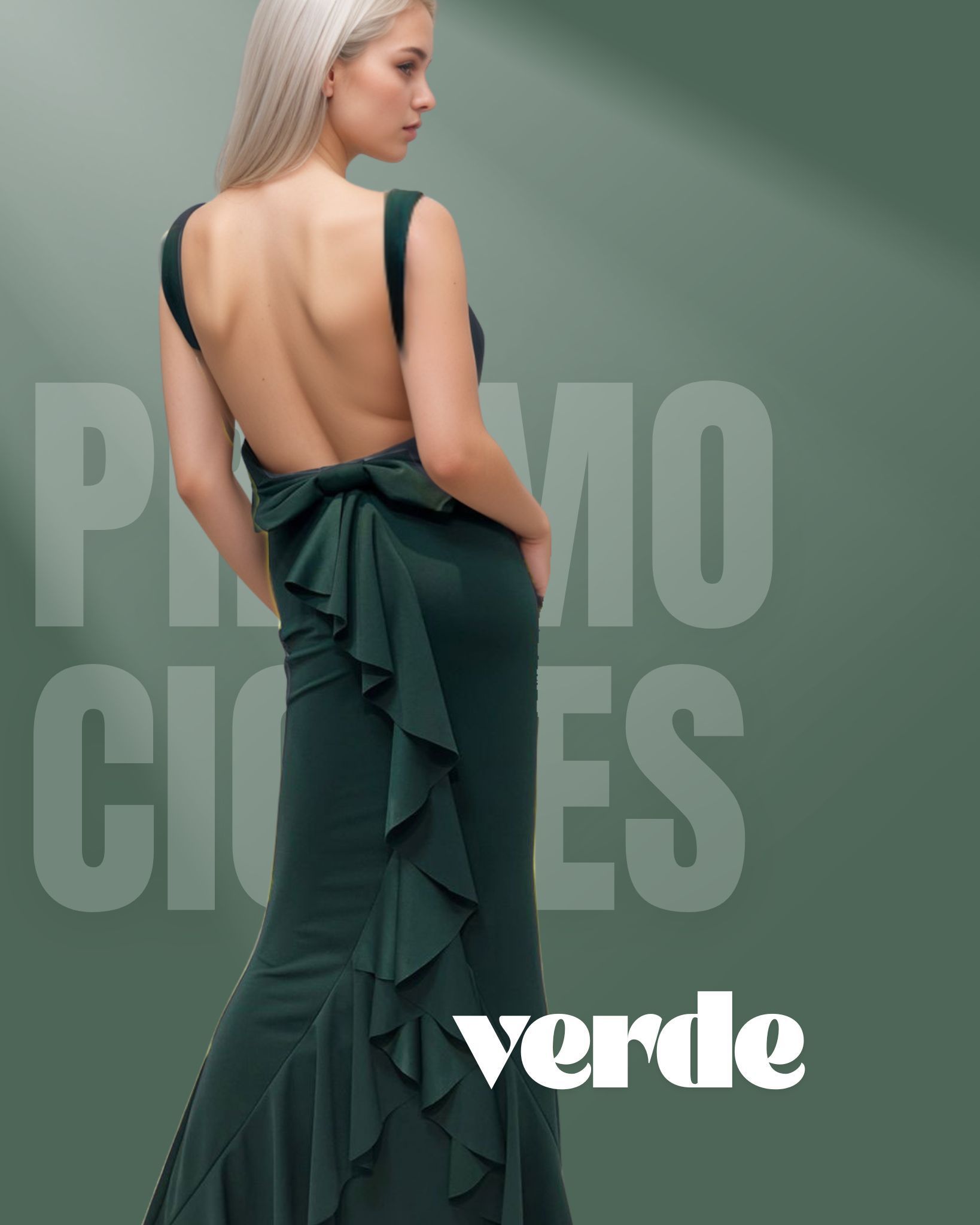 Woman in green backless dress with a bow, product ad. 