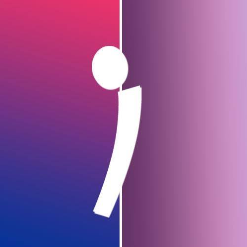 White stylized figure leaning right, split background of purple and blue gradient.