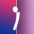 White stylized figure leaning right, split background of purple and blue gradient.