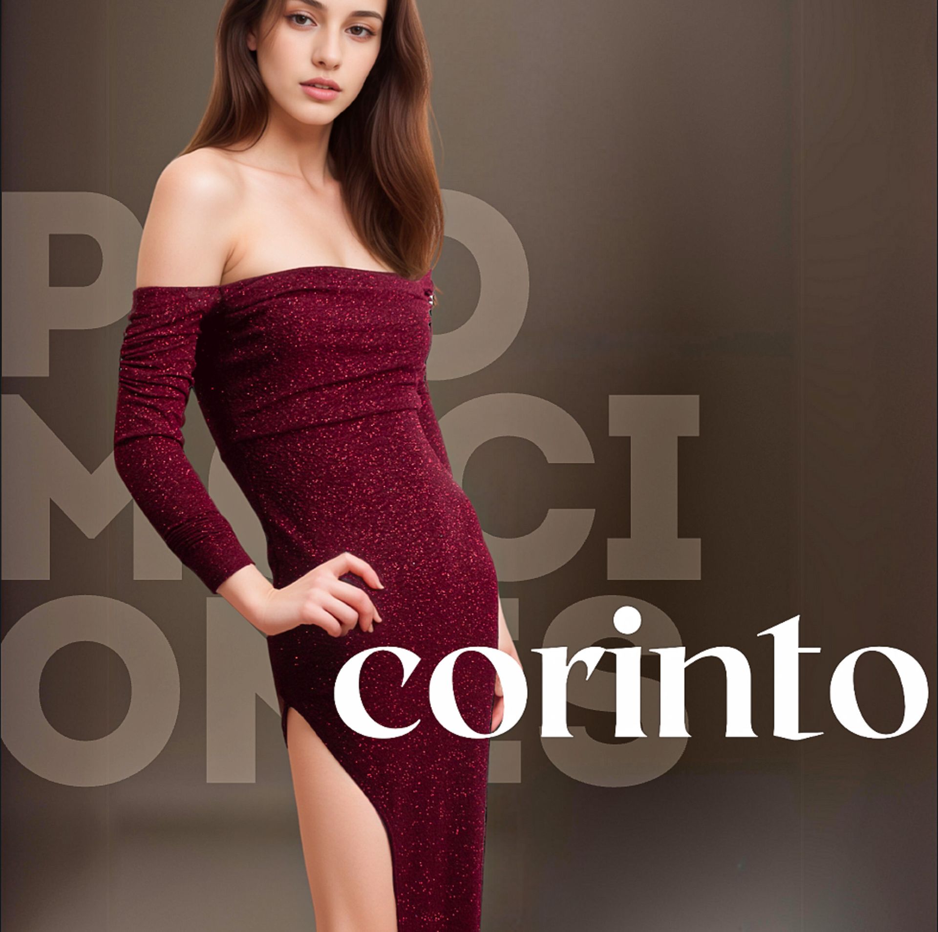Woman in a maroon, off-the-shoulder dress with a high slit, posing in front of a neutral backdrop. Text overlay: 