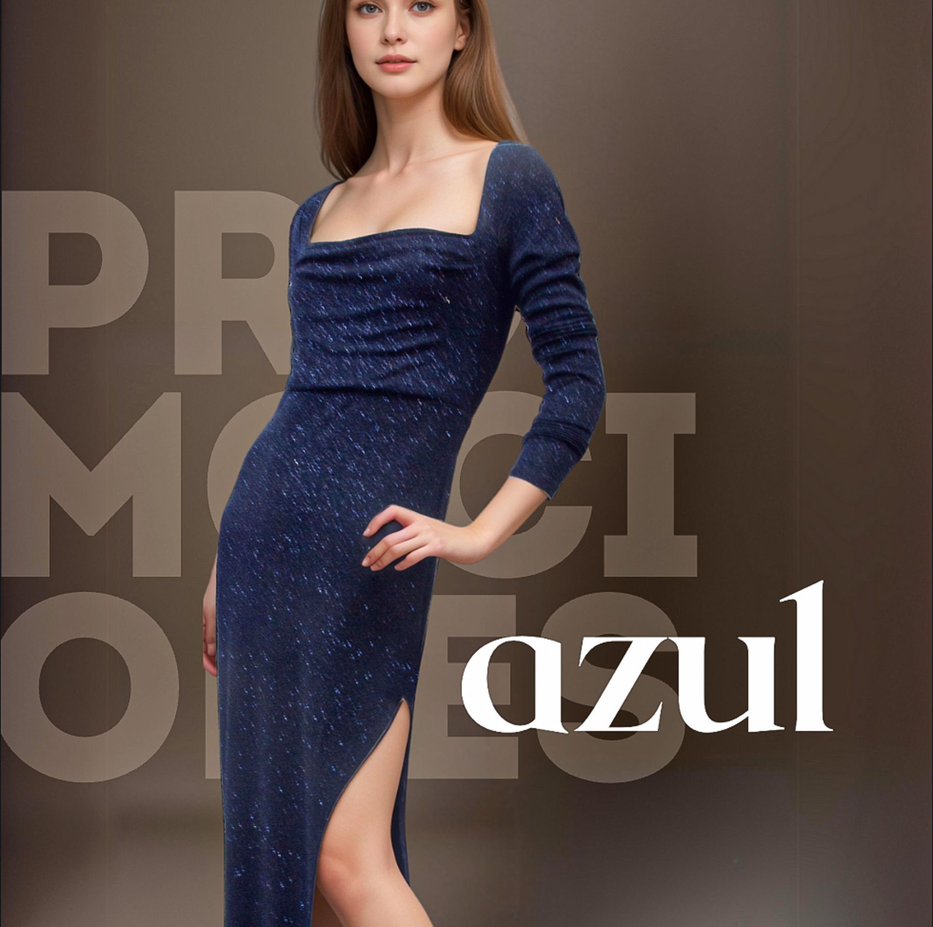 Woman wearing a navy blue dress with a high slit, 