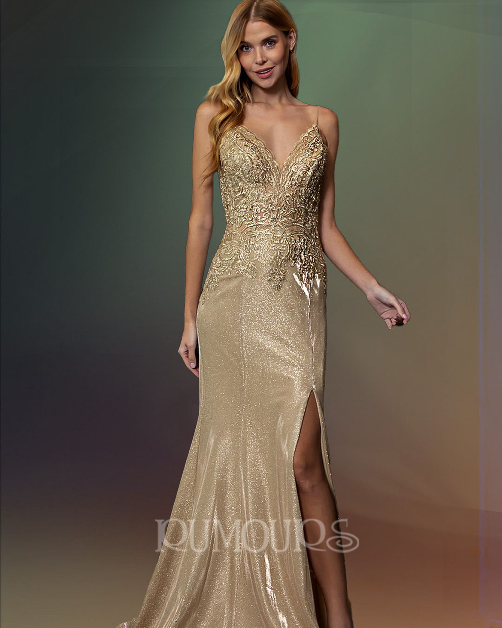Woman in gold sequined gown with high slit.