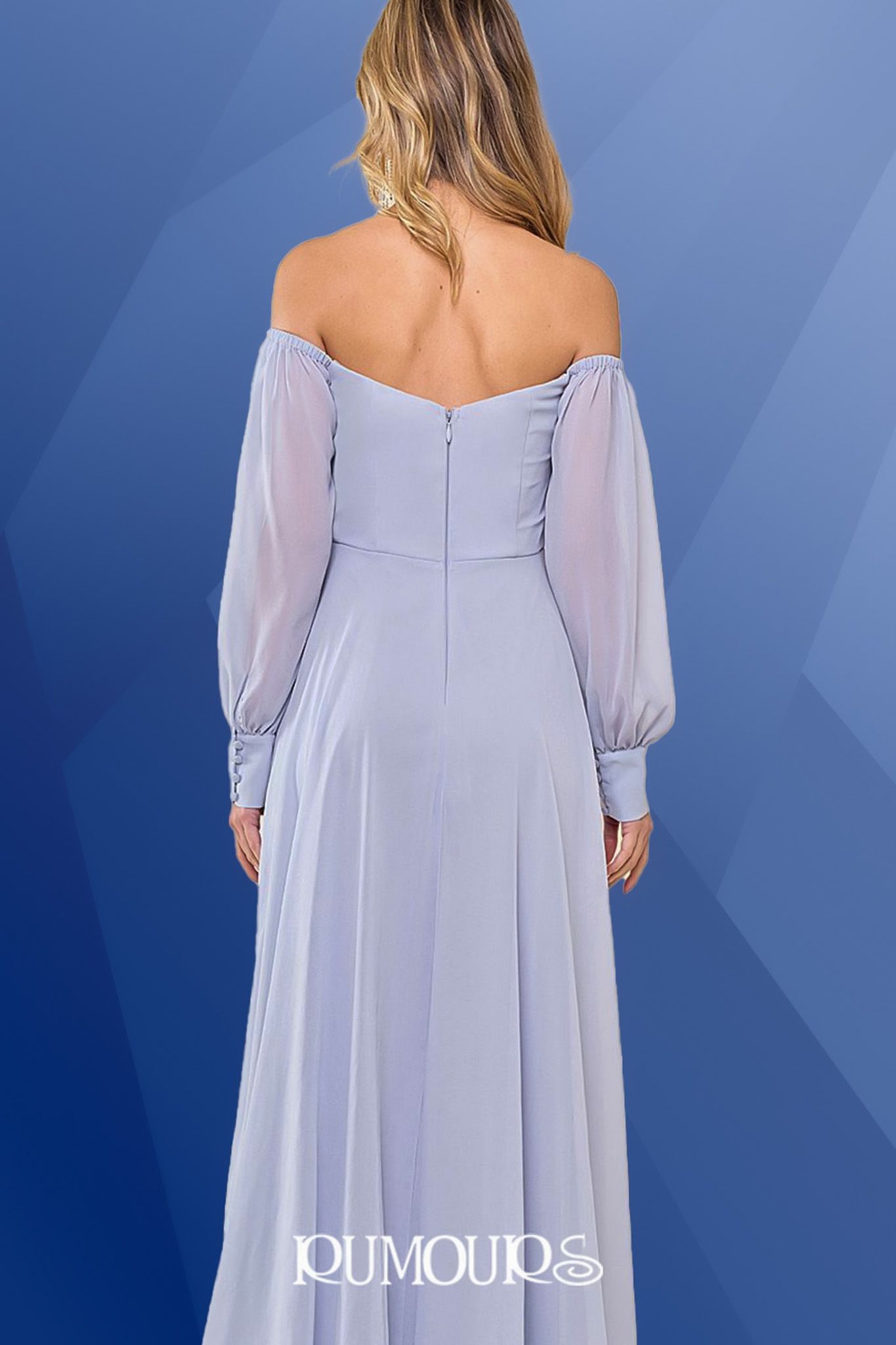 Woman in a light blue off-the-shoulder dress with long sleeves, standing against a blue background.