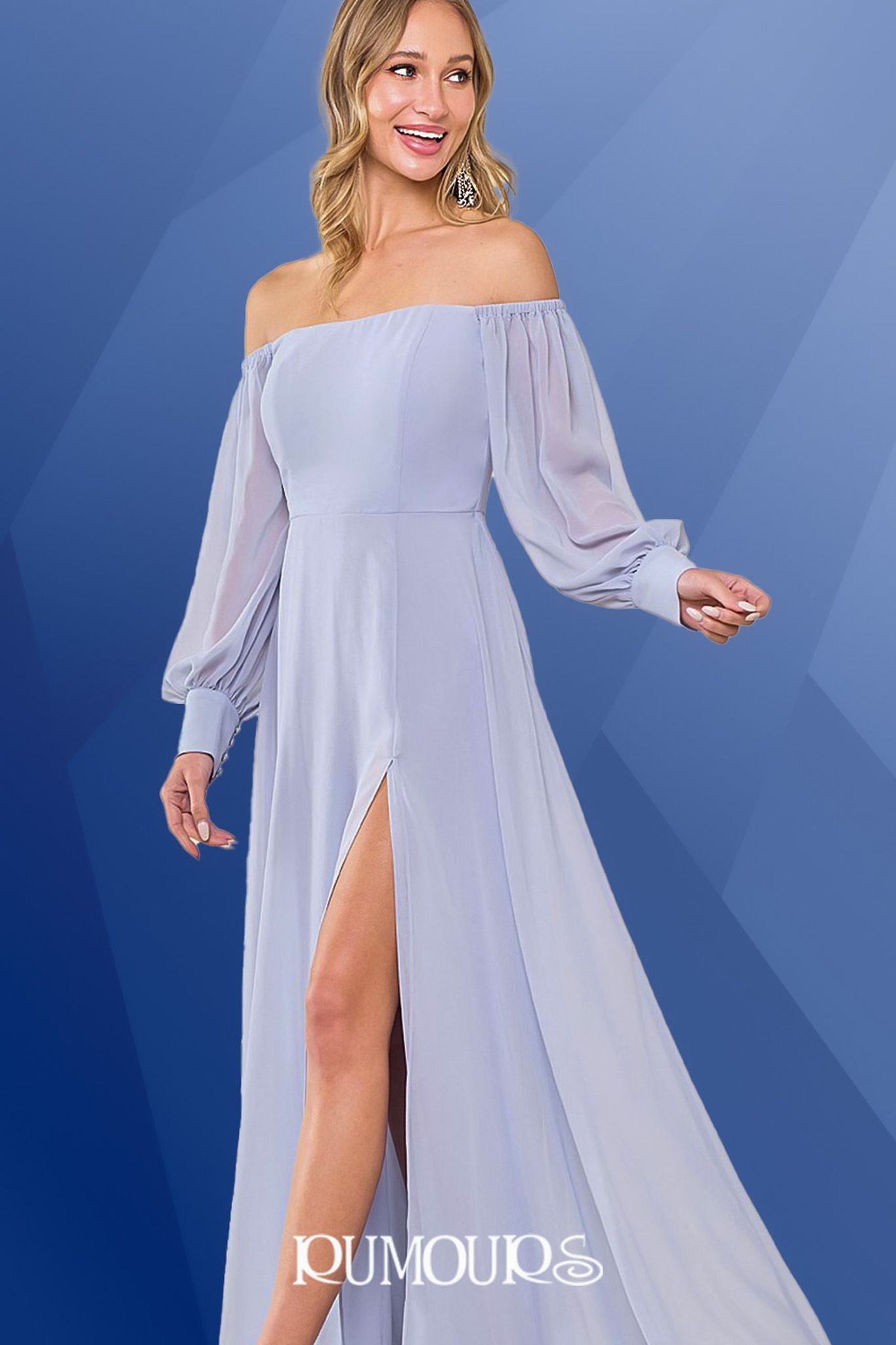 Woman in a lavender off-the-shoulder gown with long sleeves and a high slit poses.