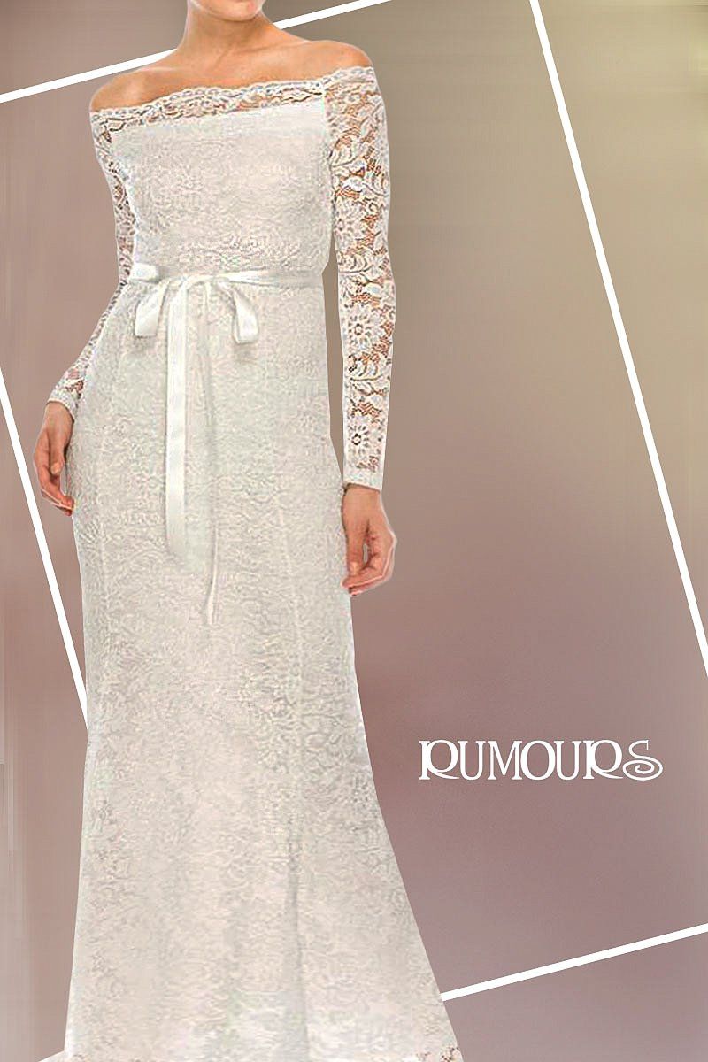 Off-the-shoulder white lace wedding dress with long sleeves and ribbon belt.