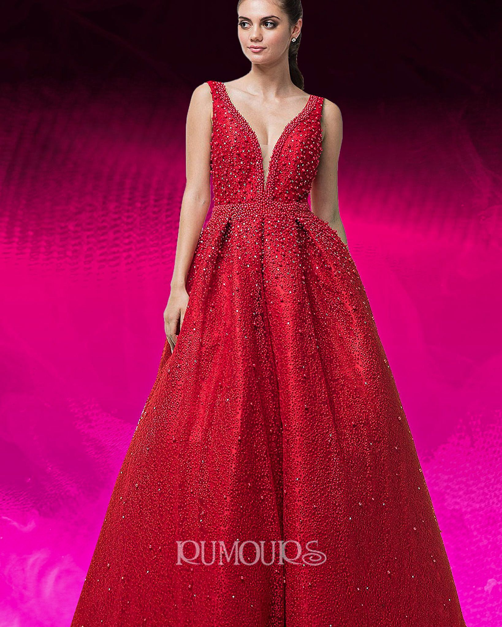 Woman in a red sequin gown with plunging neckline.