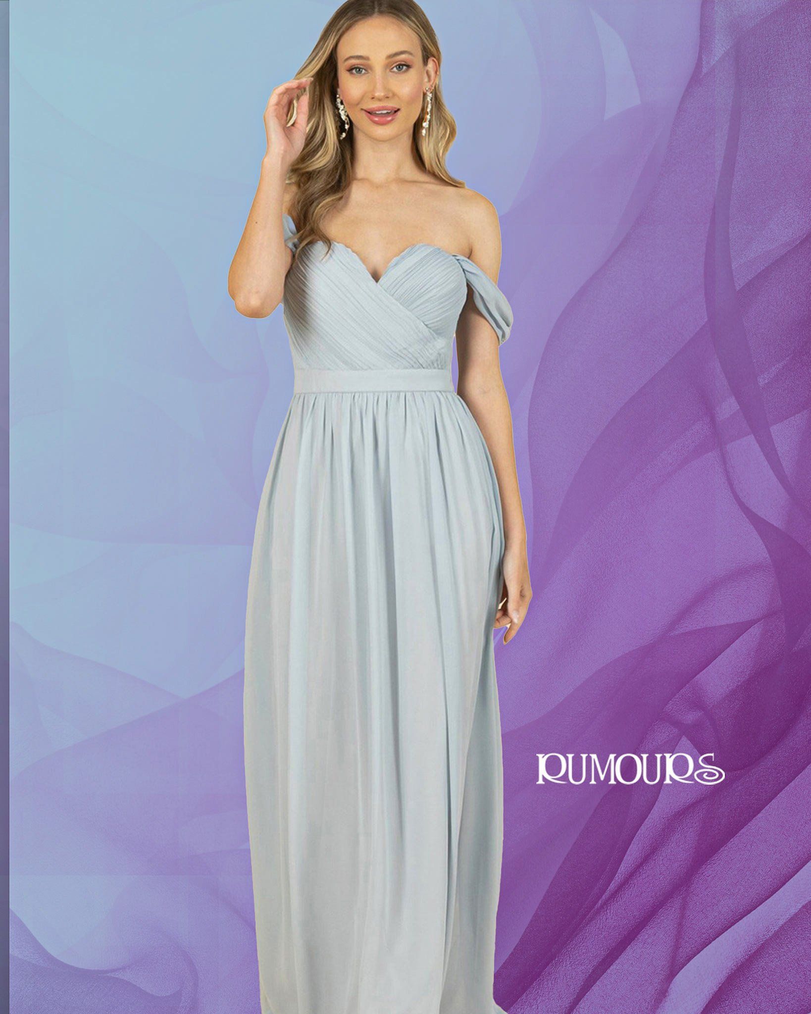 Woman in a light blue off-the-shoulder gown, posing in front of a blue and purple background.
