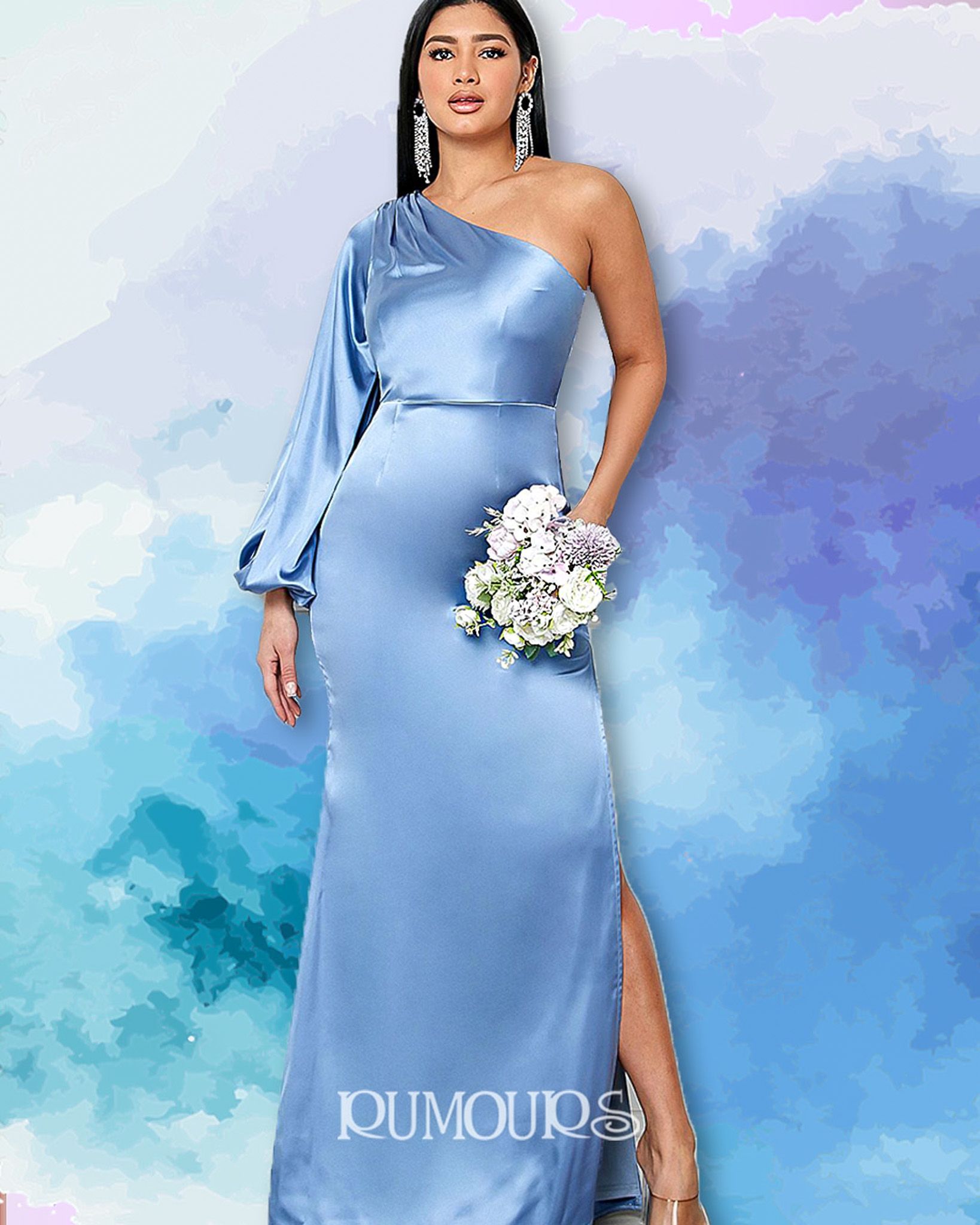 Woman in a blue, one-shoulder satin gown with a slit, holding flowers, against an abstract watercolor background.