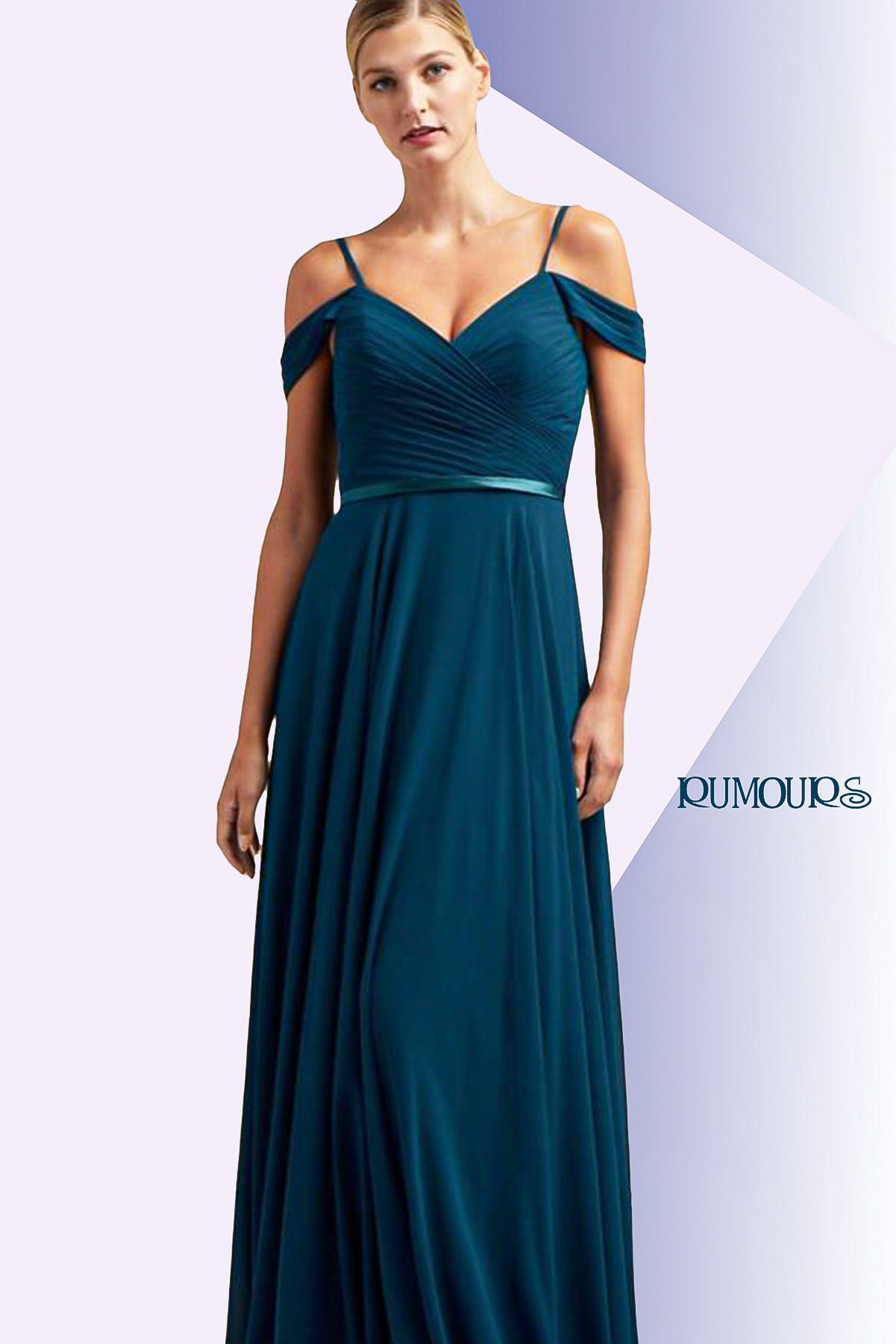 Woman wearing a teal off-the-shoulder formal dress with thin straps and a pleated bodice.
