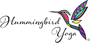 The logo for hummingbird yoga has a colorful hummingbird on it.