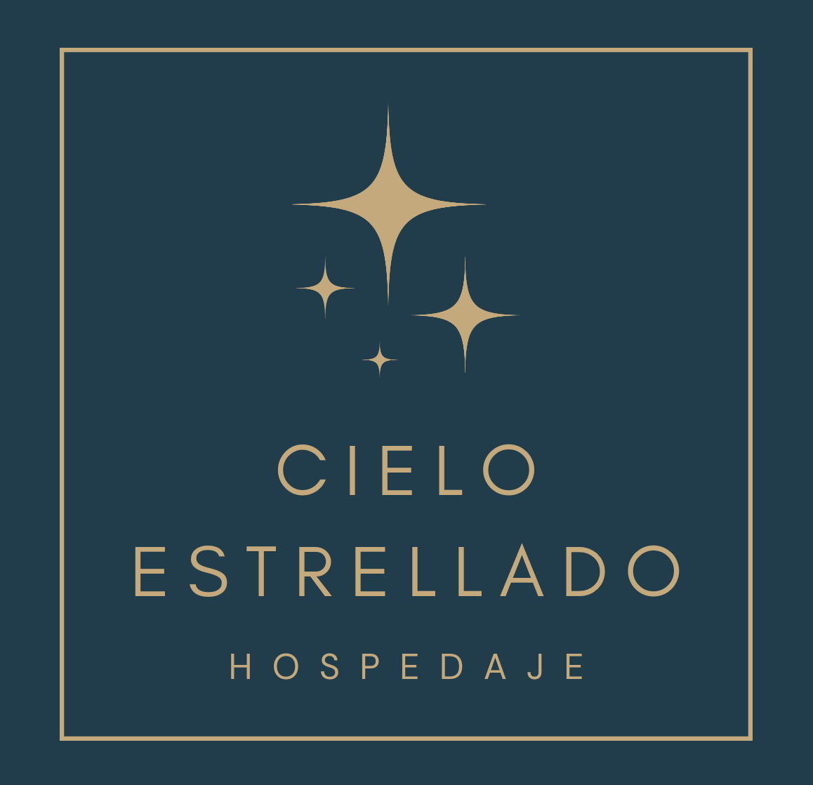 Logotipo dorado sobre fondo azul oscuro de Cielo Estrellado Hospedaje, con estrellas dentro de un fino borde cuadrado.