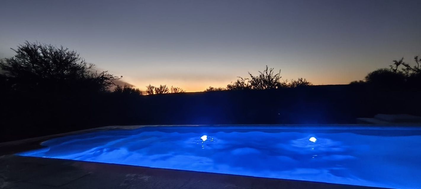Piscina exterior iluminada con luz azul al atardecer, con árboles recortados contra el cielo crepuscular.