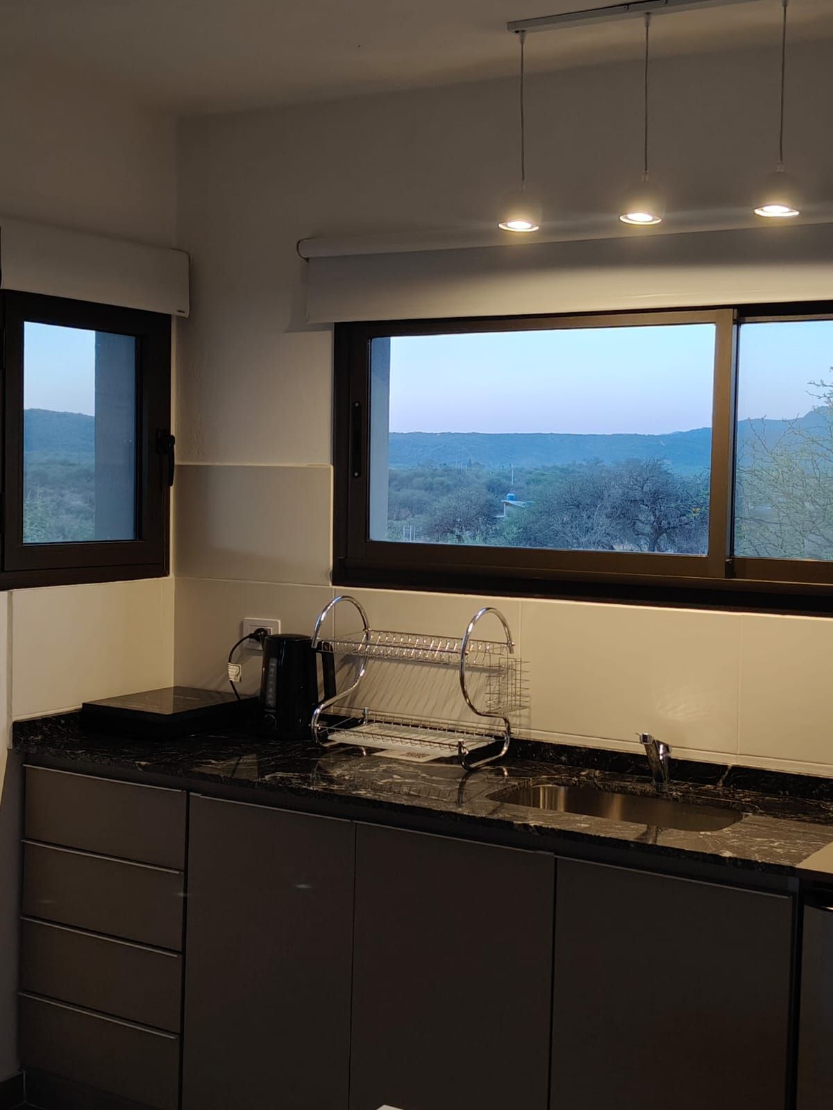Cocina moderna con gabinetes oscuros, encimeras negras y grandes ventanales con vistas al paisaje.
