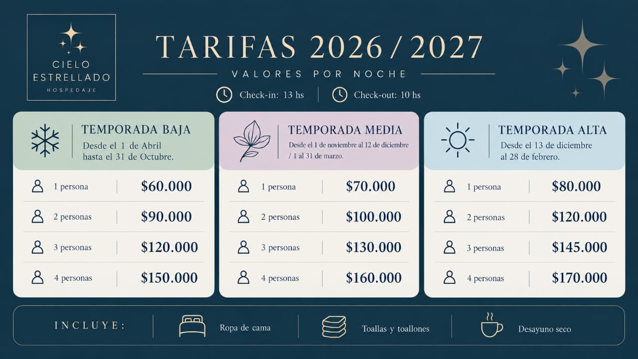 Cartel de Tarifas 2026/2027 con tres columnas de precios e iconos sobre un fondo azul.