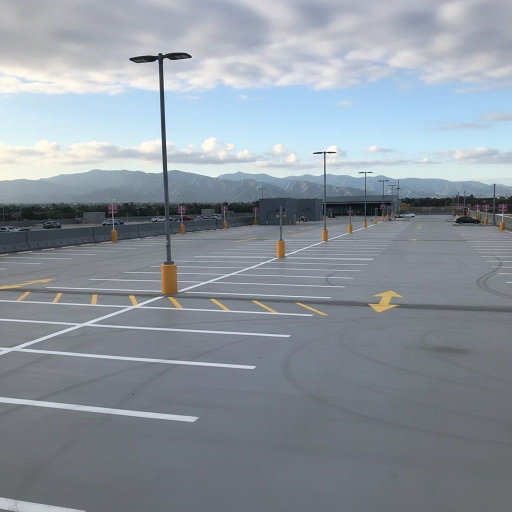 Parking Lot Striping of Los Angeles CA logo with city skyline and striping contractor branding