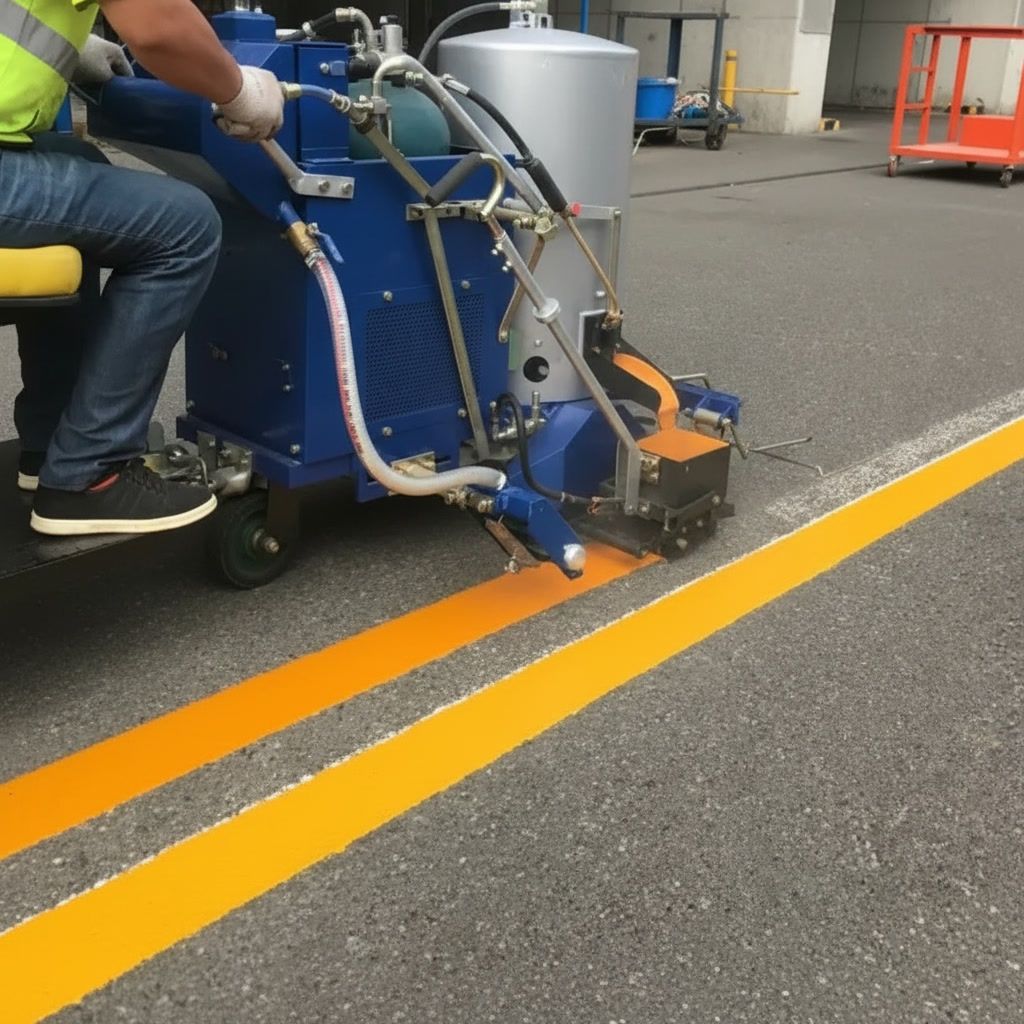 Line striping machine applying yellow parking lot lines on asphalt in Los Angeles CA