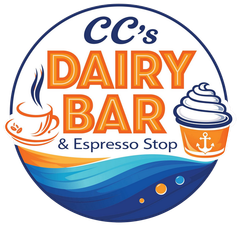 CC's Dairy Bar & Espresso Stop logo with orange coffee cup and blue soft-serve cone