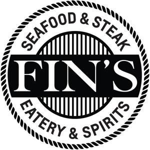 A black and white logo for fin's eatery & spirits.