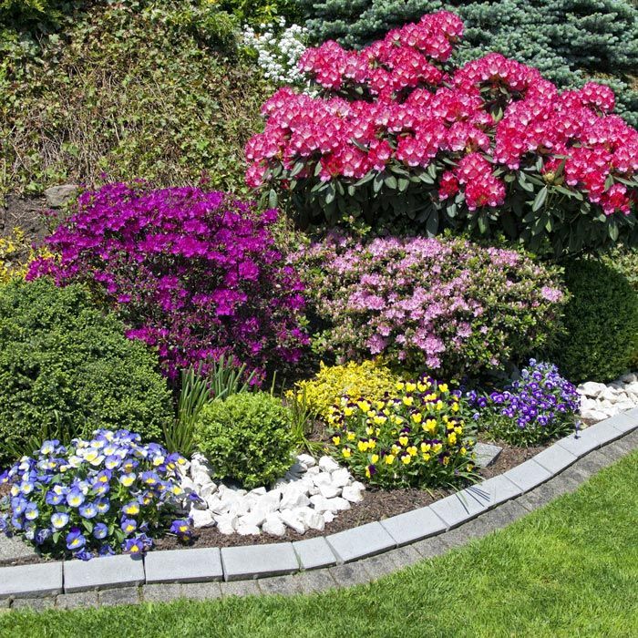 Colorful flower bed with pink, purple, yellow, and white blooms along a curved stone border