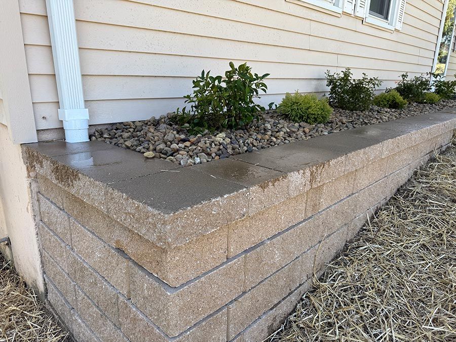 Raised concrete planter bed along a house exterior with small shrubs and gravel mulch