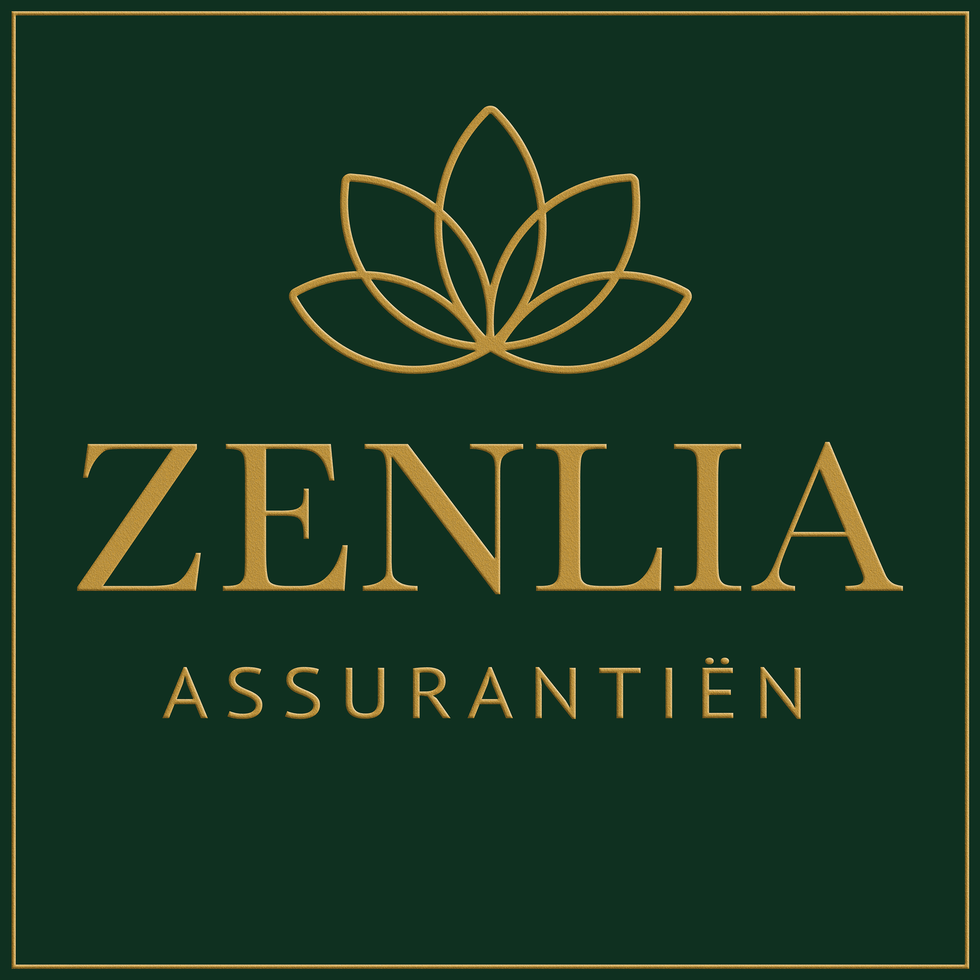 Zenlia verzekeringslogo: Gouden lotusbloem boven gouden tekst met donkergroene achtergrond.