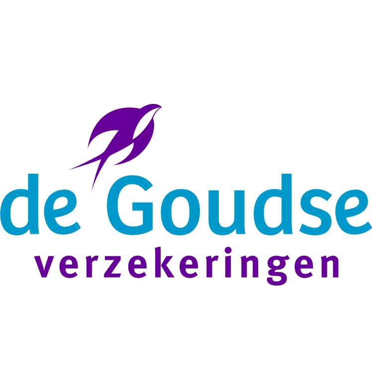 Logo van De Goudse verzekeringen, met een paarse vogel boven turquoise tekst op een witte achtergrond.