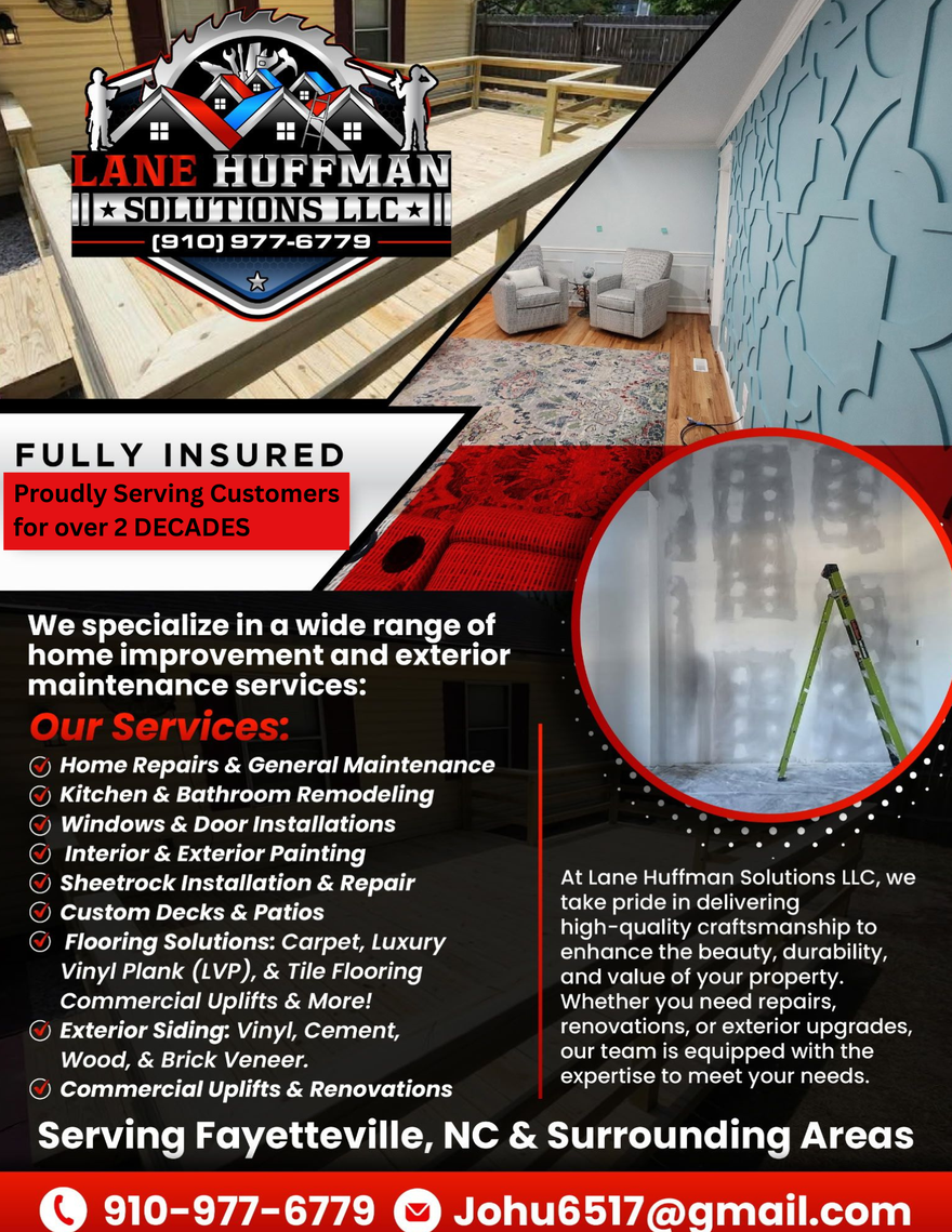 Flyer for Lane Hoffman Solutions LLC. Services include home repair, maintenance, and commercial renovations. Serving Fayetteville, NC.