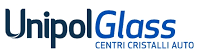 Logo UnipolGlass con testo blu e sottotitolo nero “CENTRI CRISTALLI AUTO” su sfondo bianco