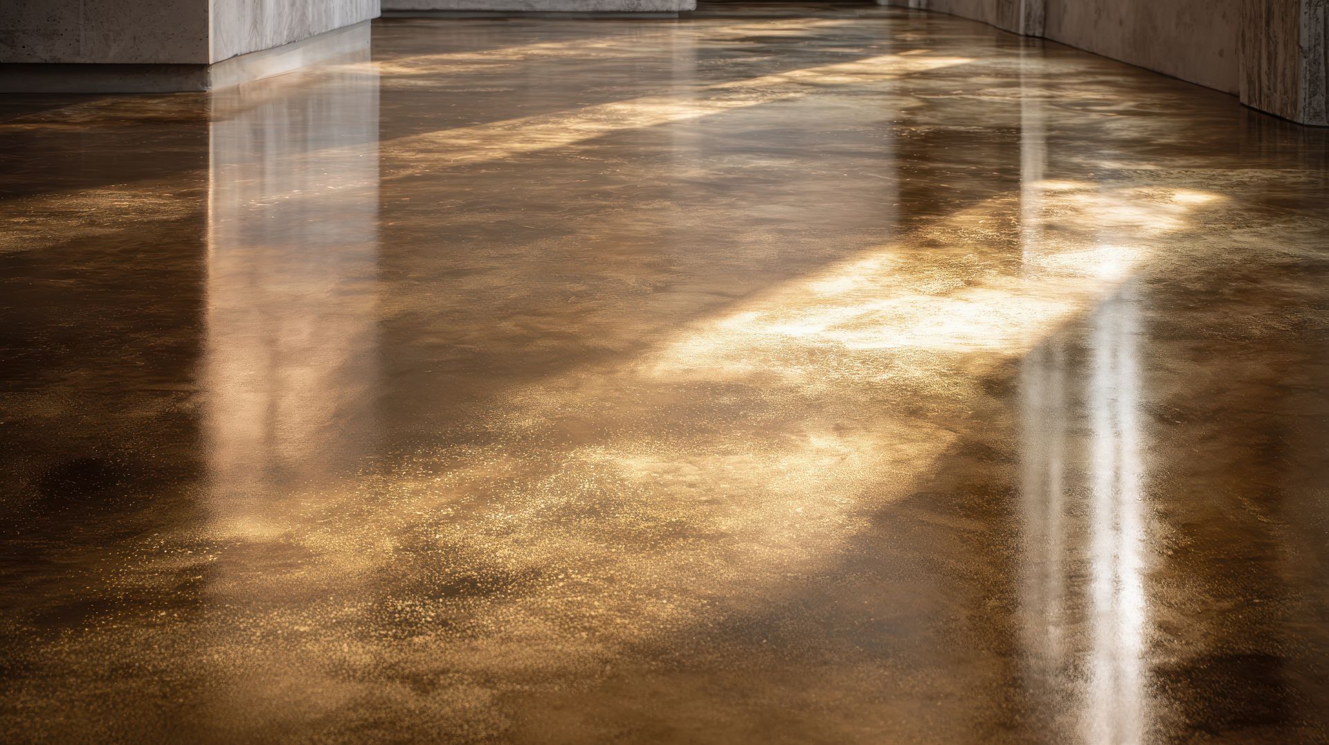 Polished concrete floor with golden metallic finish, reflecting light.