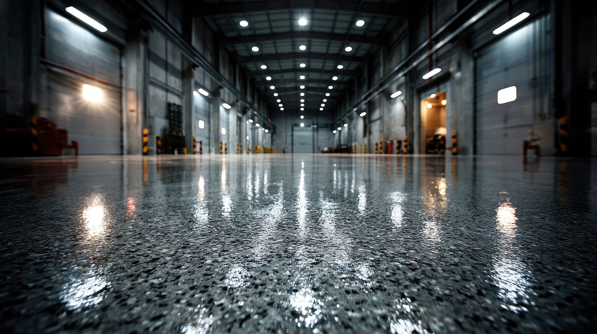 Entrepôt industriel vide au sol brillant et réfléchissant. Des luminaires zénithaux éclairent l'espace.