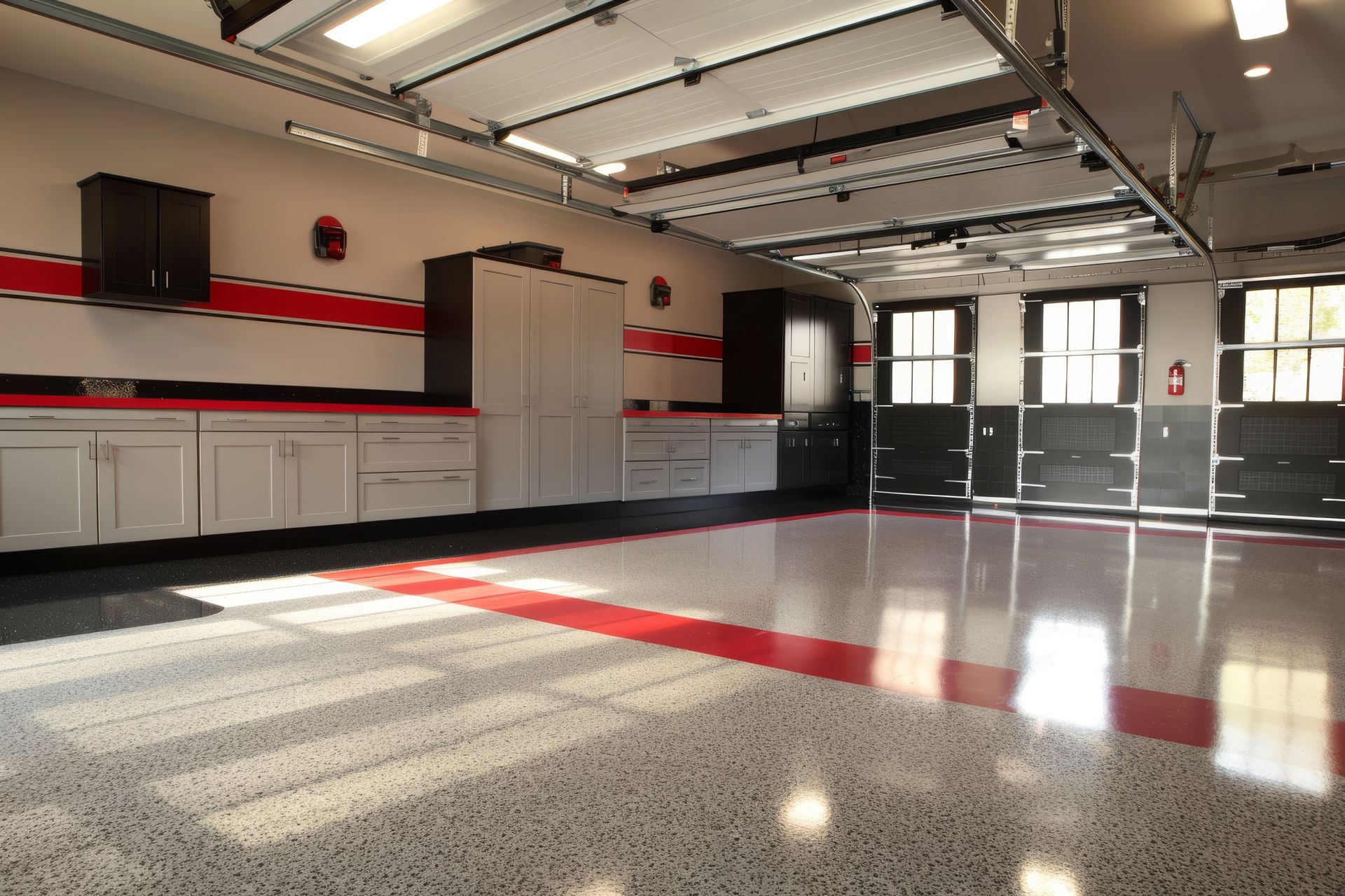 Spacious garage with cabinets, red and white accents, and a glossy, speckled floor.