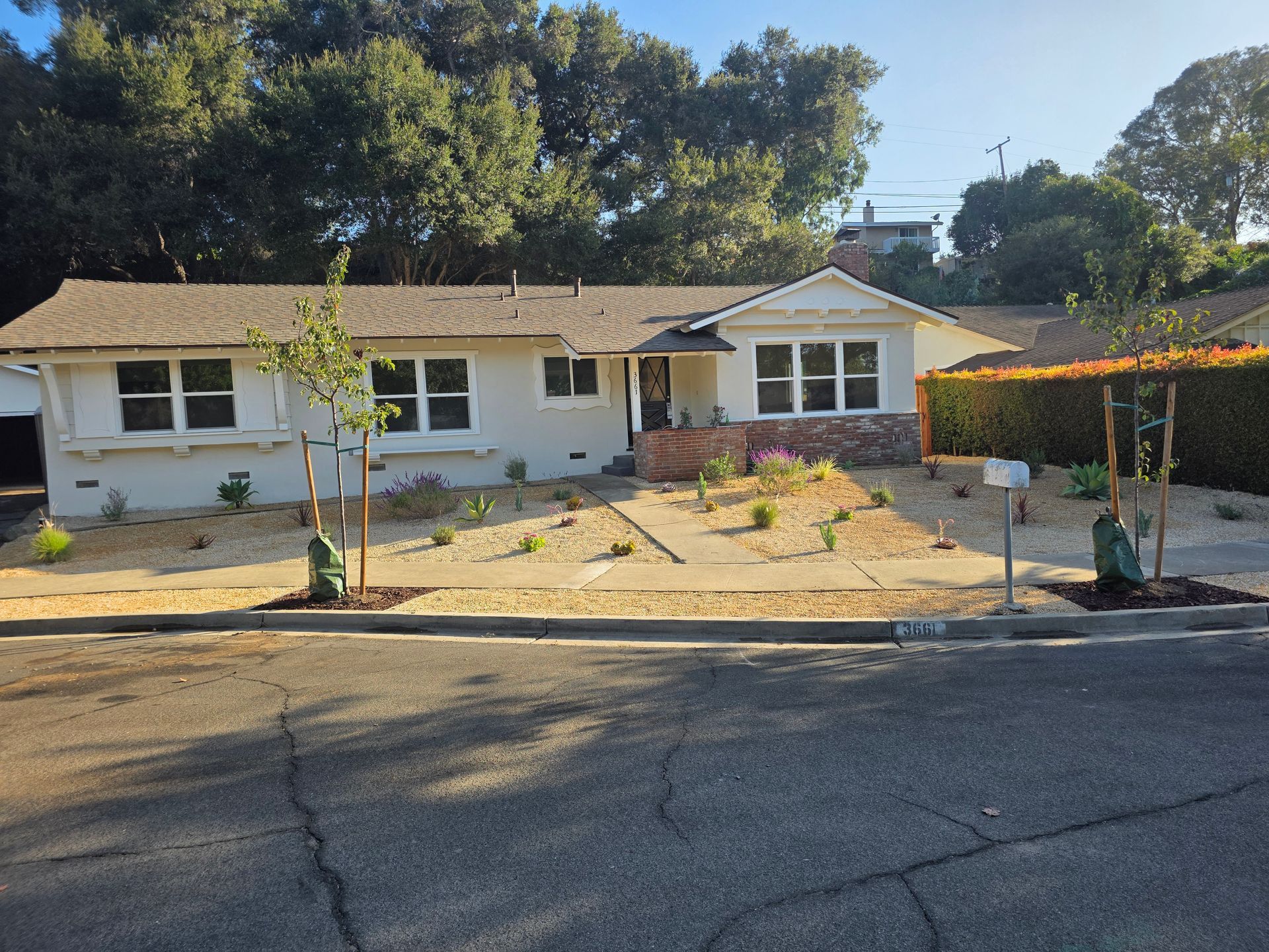 Single-story white house with a front yard, trees, and a paved street in the foreground.
