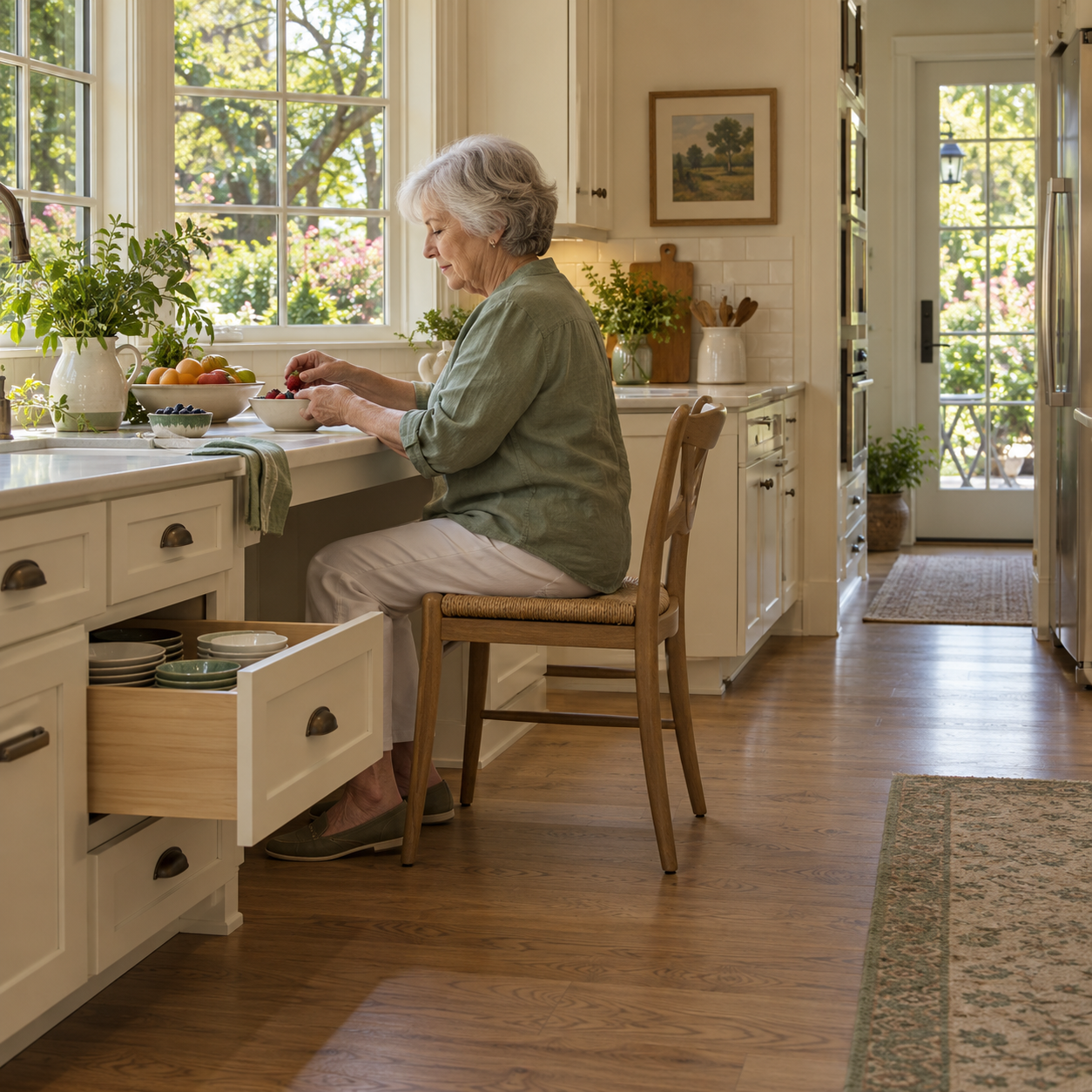 An older woman prepares fruit at a seated kitchen counter beside a pull-out dish drawer.