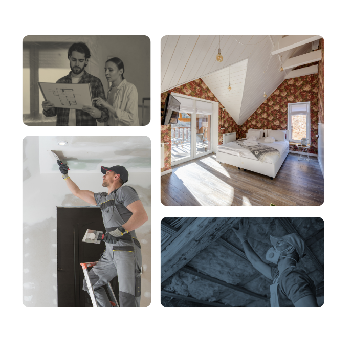 A collage showing home renovation stages: planning on blueprints, a painter at work, a finished bedroom, and attic repairs.