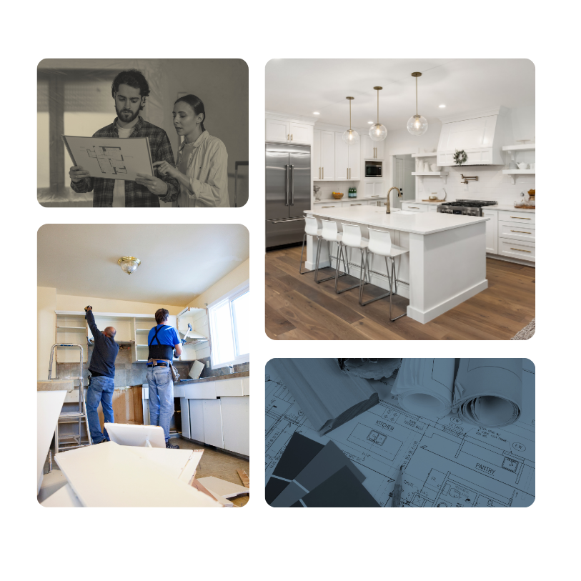 A collage shows people reviewing plans, workers renovating a kitchen, a finished white kitchen, and architectural drafts.