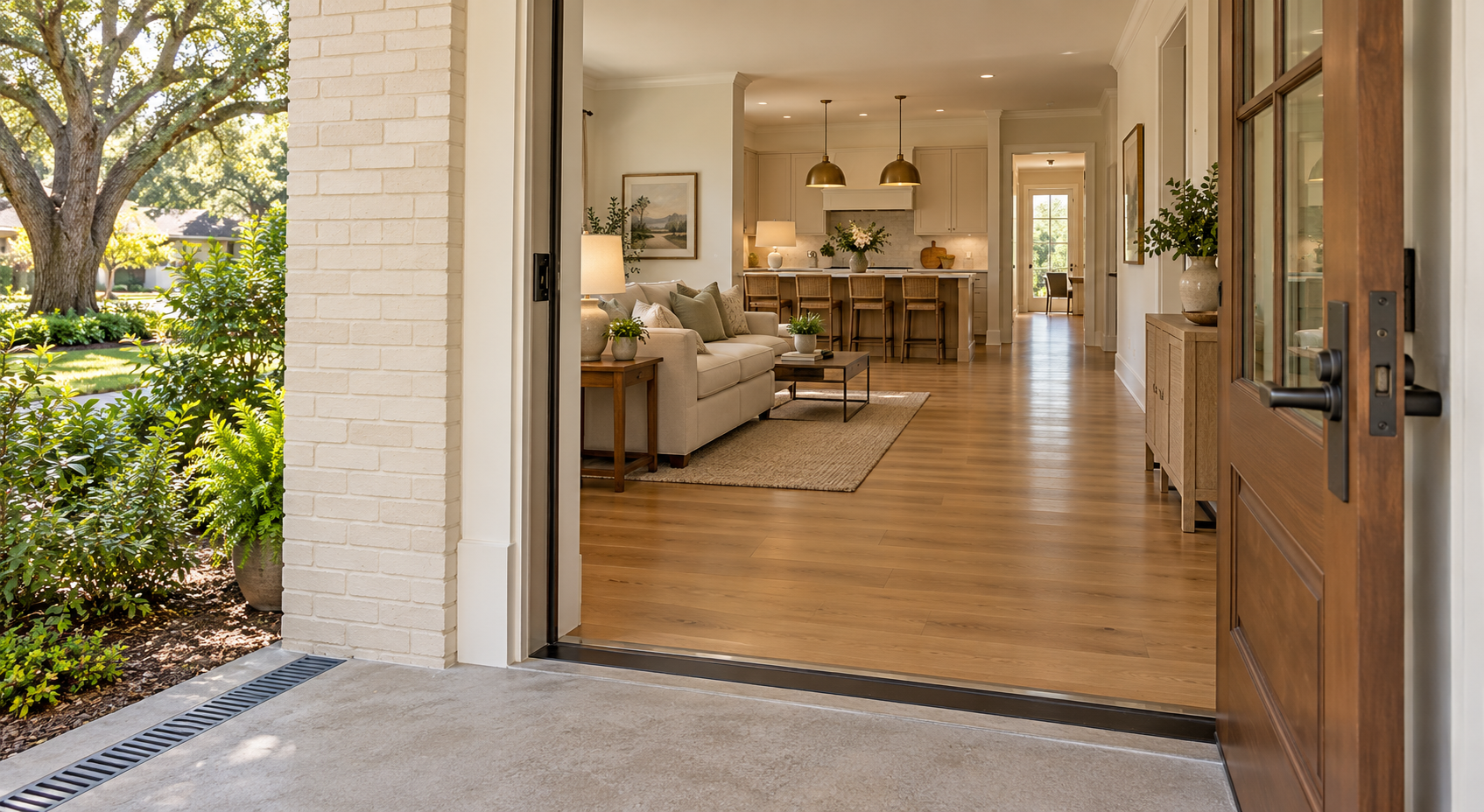 A sheltered, step-free entrance opens onto a clear route through a Lafayette home’s living spaces.