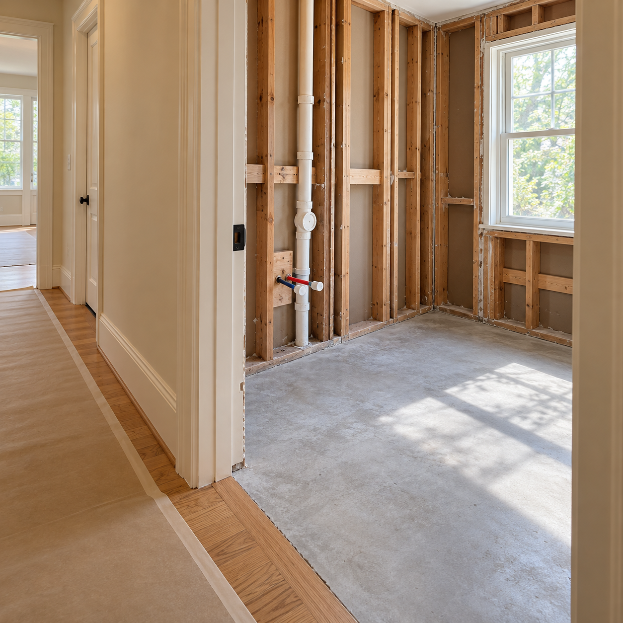 Exposed bathroom framing and plumbing await finishes beside a hallway with protected flooring.
