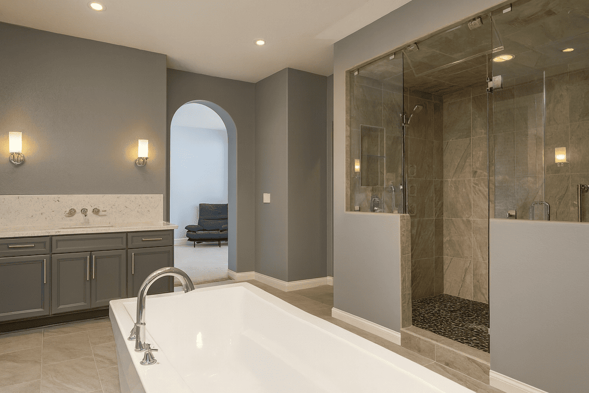 Spacious gray bathroom remodeled near Scott, LA, with a bathtub, shower, and vanity. An arched doorway leads to a seating area.