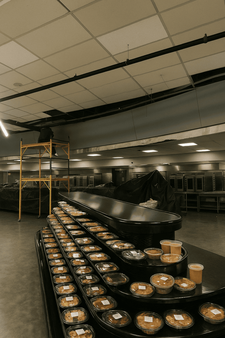 A person on a ladder above a display of baked goods in a supermarket in Lafayette, LA, providing commercial remodeling services
