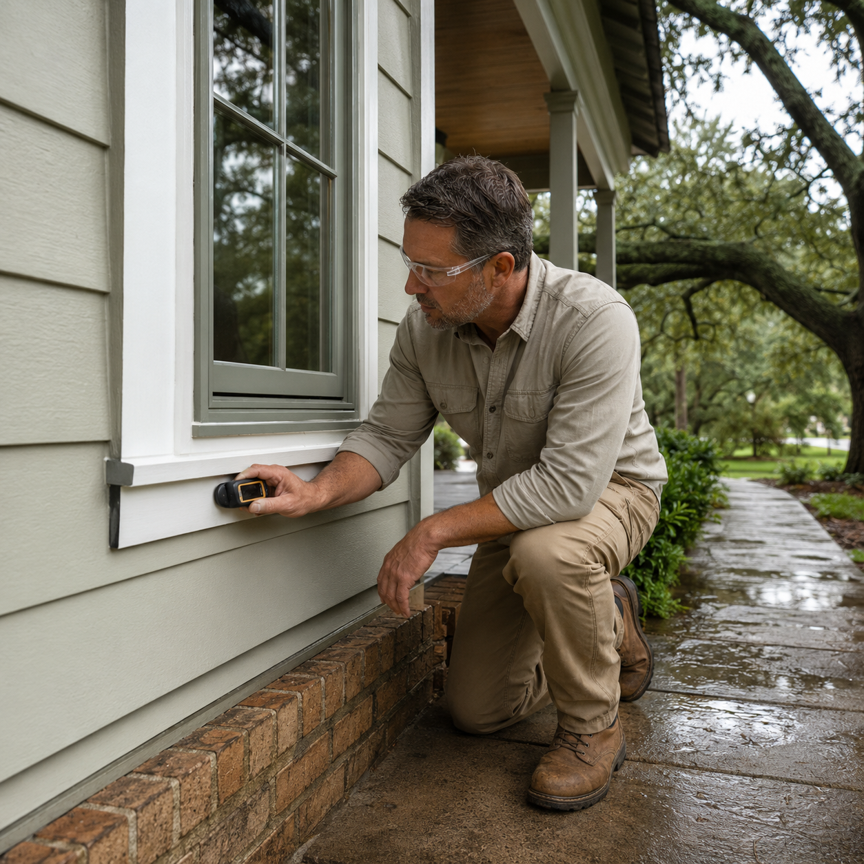 Contractor checks moisture around a renovated Lafayette home window after rain.
