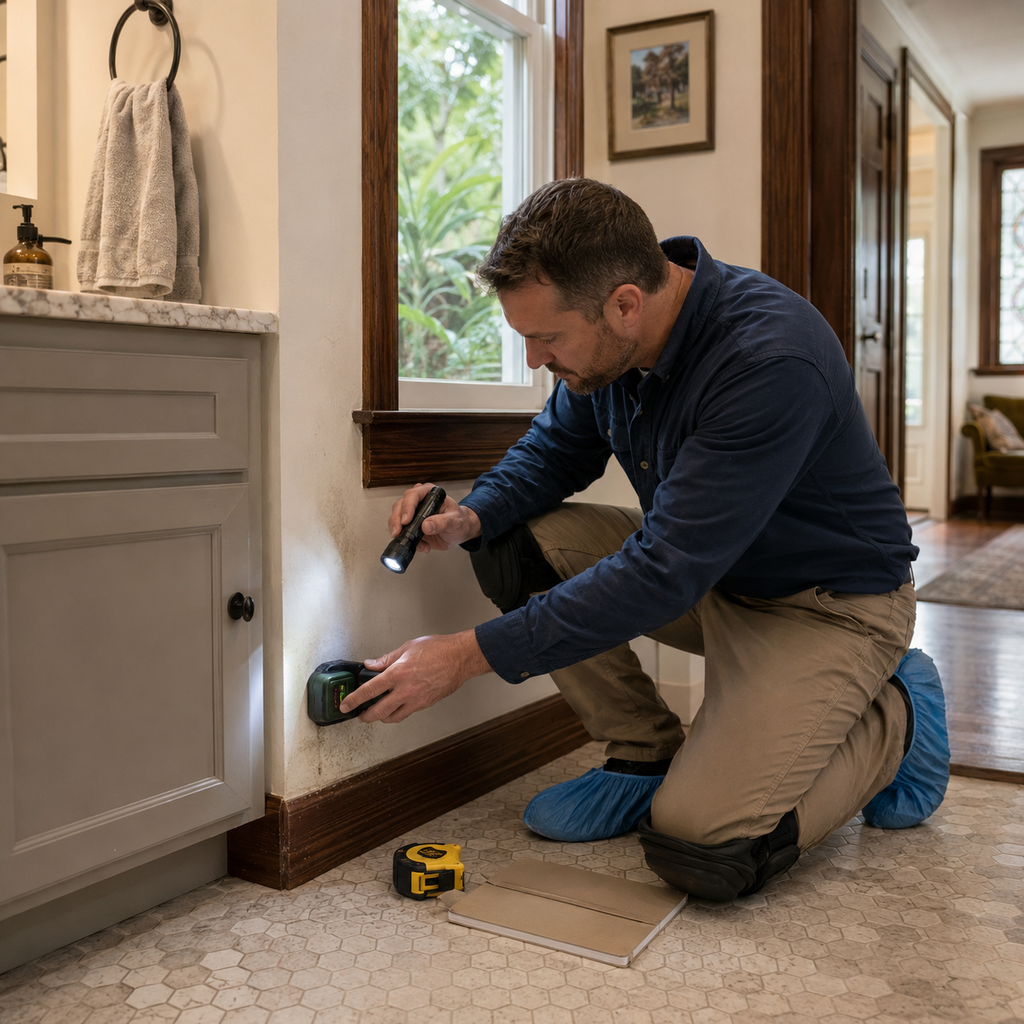 A contractor checks for hidden moisture in a Lafayette home before remodeling.