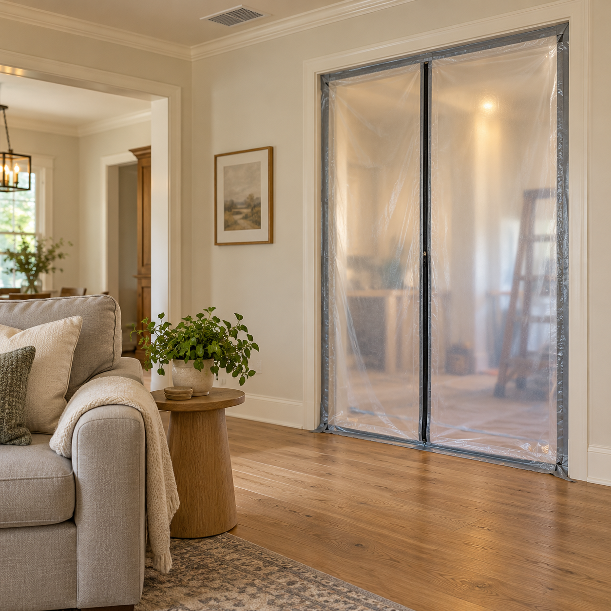 A sealed zippered dust barrier separates a furnished living room from an adjoining renovation area.