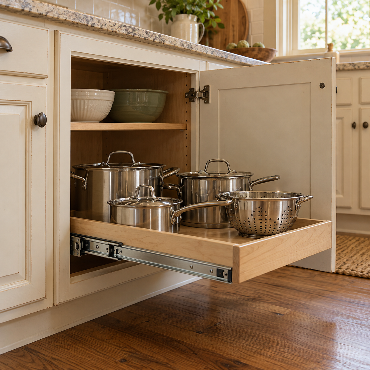 A pull-out shelf brings pots and a colander within easy reach inside an existing kitchen cabinet.