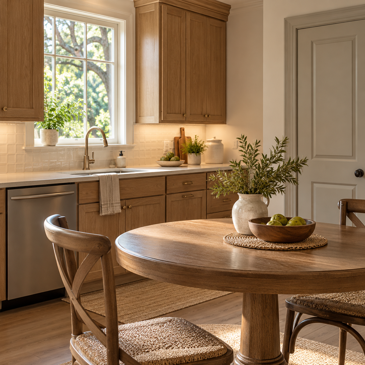 A finished oak kitchen and adjoining dining area provide a clean, usable space between renovation phases.