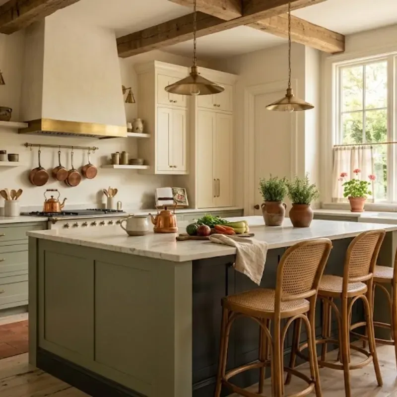 French Country kitchen design in Lafayette LA with warm ivory cabinets, sage green island, reclaimed wood accents, and layered natural textures