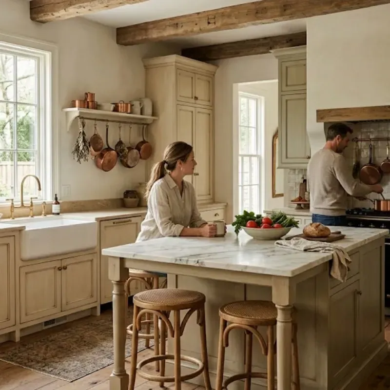 French-inspired kitchen design with custom furniture-style cabinetry in a remodeled home in Lafayette