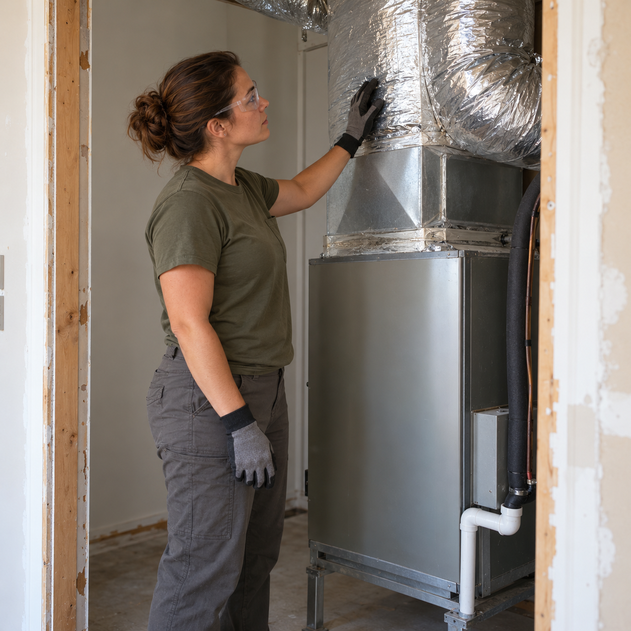 An HVAC technician examines insulated ductwork above an accessible air handler before renovation.
