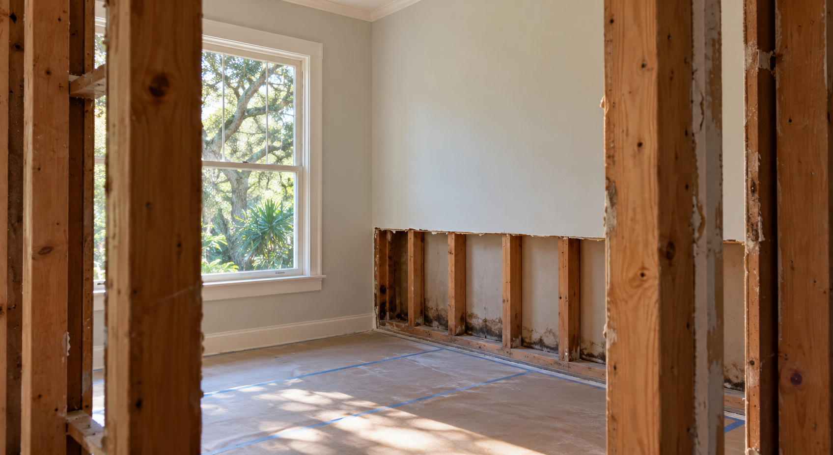 Exposed studs frame a room with lower drywall removed, revealing discoloration near the base.