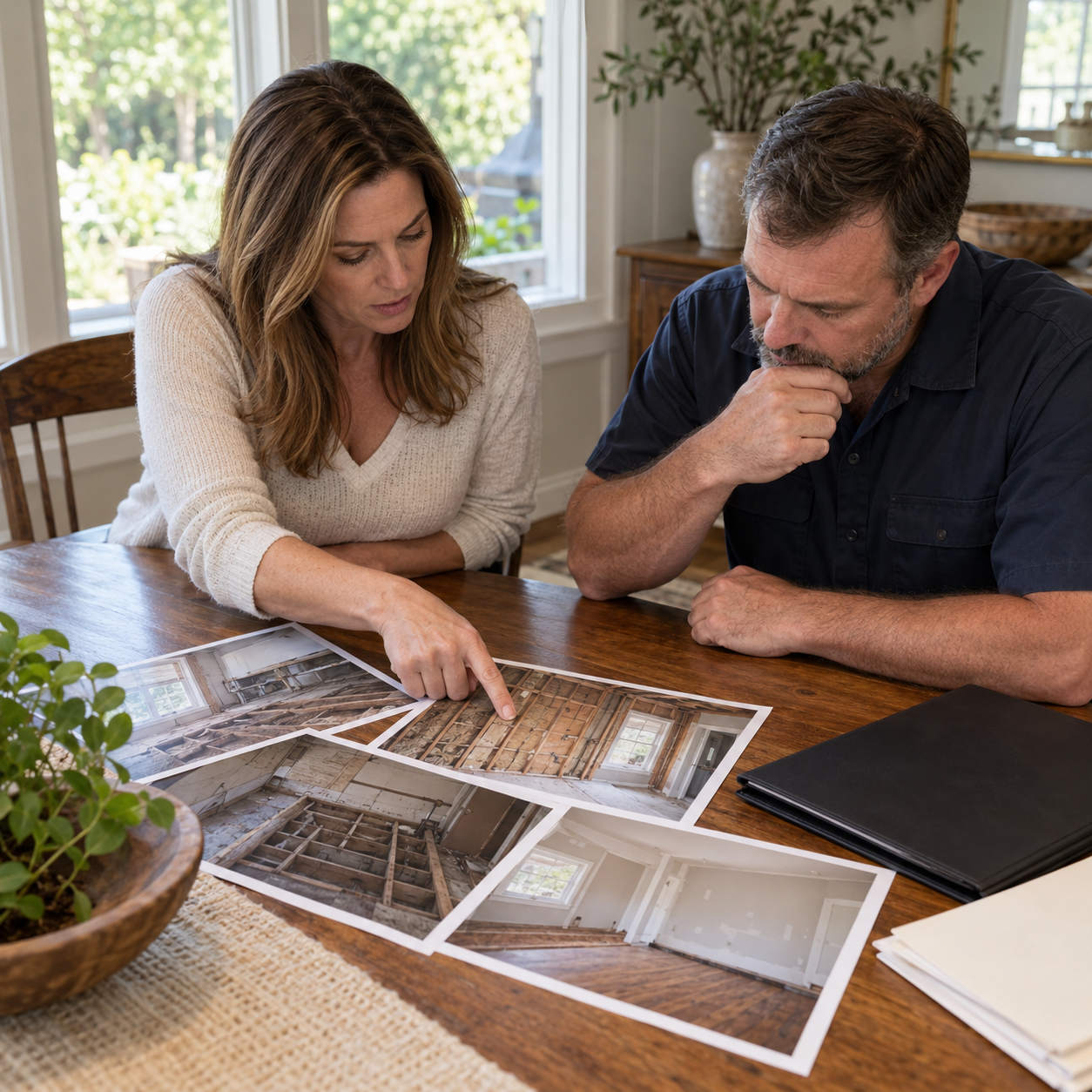 A homeowner and inspector review printed photographs showing earlier stages of home repairs.
