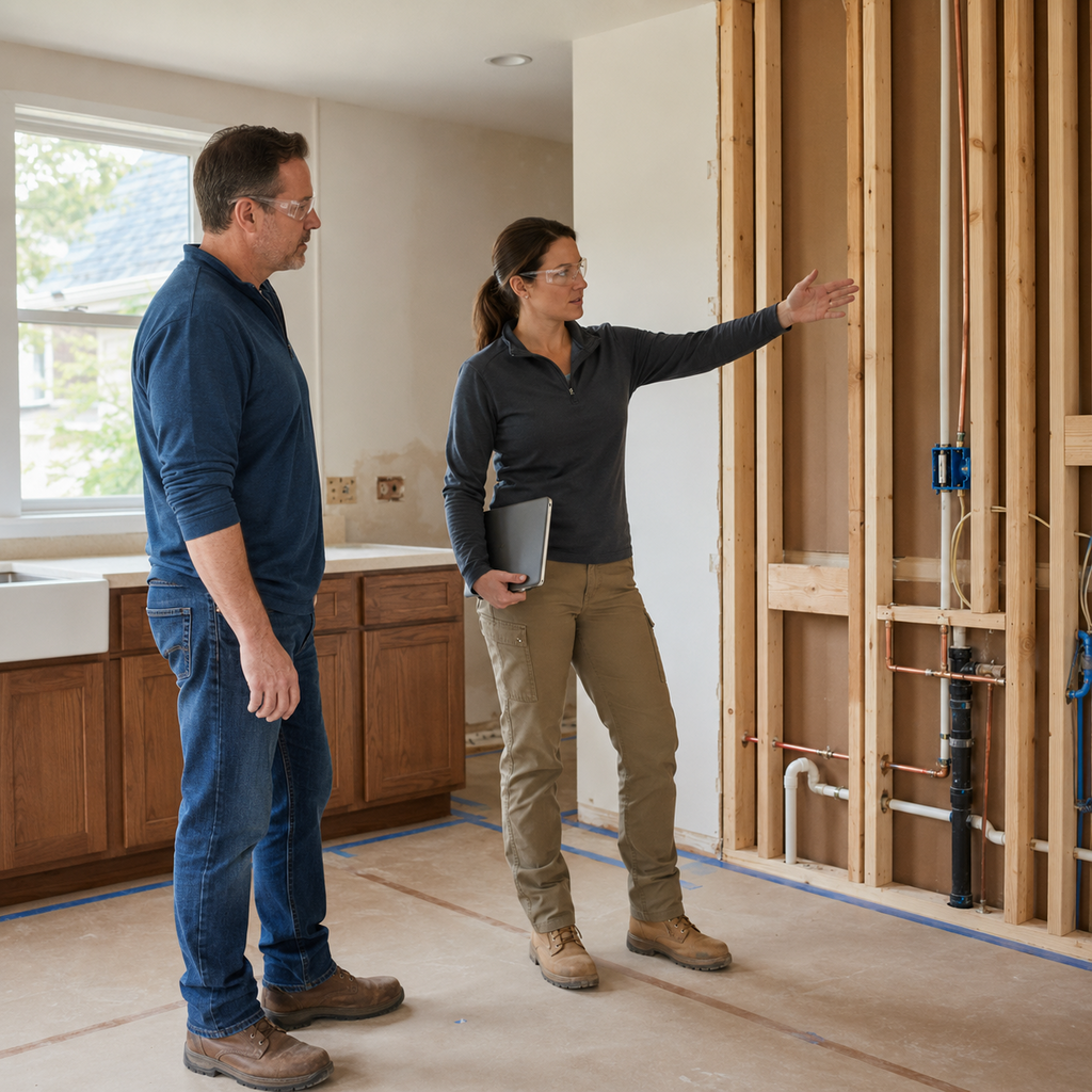 Lafayette homeowner and project manager review exposed plumbing and framing during a kitchen remodel.